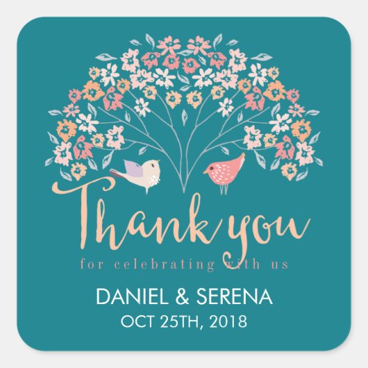 Love Birds Blume Tree Danke Hochzeitsticker Quadratischer Aufkleber (Vorderseite)