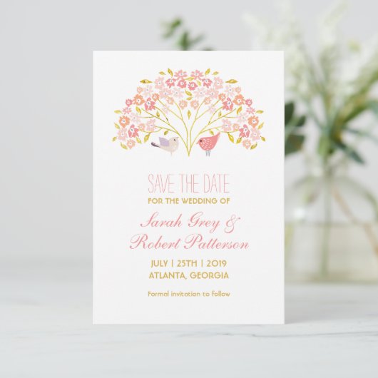 Love Birds Blume Tree Hochzeit speichern Sie die D Save The Date (Stehend Vorderseite)