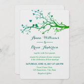 Love Birds Branches Green Hues Hochzeit Einladung (Vorne/Hinten)