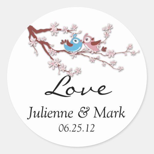 Love Birds Cherry Blossom Hochzeitsticker Runder Aufkleber (Vorderseite)