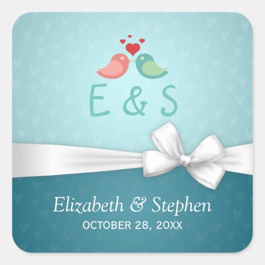 Love Birds Couple Blue White Ribbon Gastgeschenk H Quadratischer Aufkleber (Vorderseite)