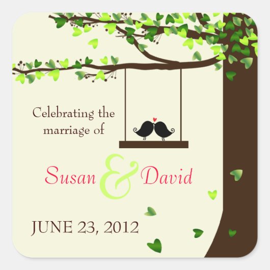 Love Birds Fallende Herzen Eichenbaum Siegel Stick Quadratischer Aufkleber (Vorderseite)