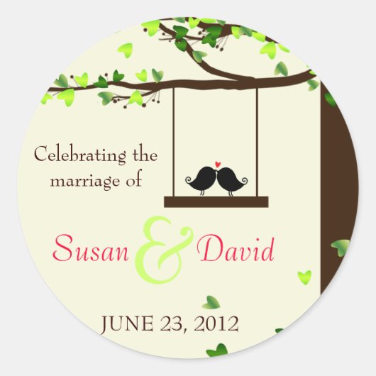 Love Birds Fallende Herzen Eichenbaum Siegel Stick Runder Aufkleber (Vorderseite)