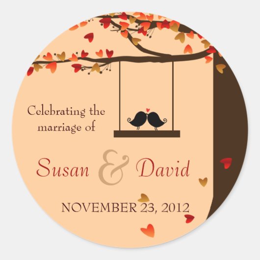 Love Birds Fallende Herzen Eichenbaum Siegel Stick Runder Aufkleber (Vorderseite)