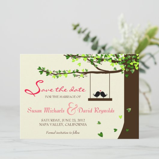 Love Birds Falling Hearts Oak Tree Save the Date (Stehend Vorderseite)