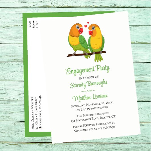 Love Birds Green Yellow Lovebird Engagement Party Einladungspostkarte