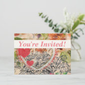 Love Birds Heart Red Art Collage Einladung (Stehend Vorderseite)