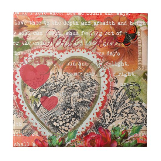 Love Birds Heart Red Art Collage Fliese (Vorderseite)