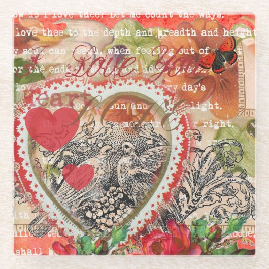 Love Birds Heart Red Art Collage Glasuntersetzer (Vorderseite)