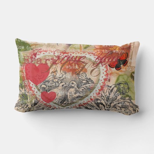 Love Birds Heart Red Art Collage Lendenkissen (Rückseite)