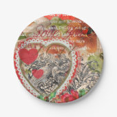 Love Birds Heart Red Art Collage Pappteller (Vorderseite)