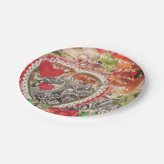 Love Birds Heart Red Art Collage Pappteller (Schrägansicht)