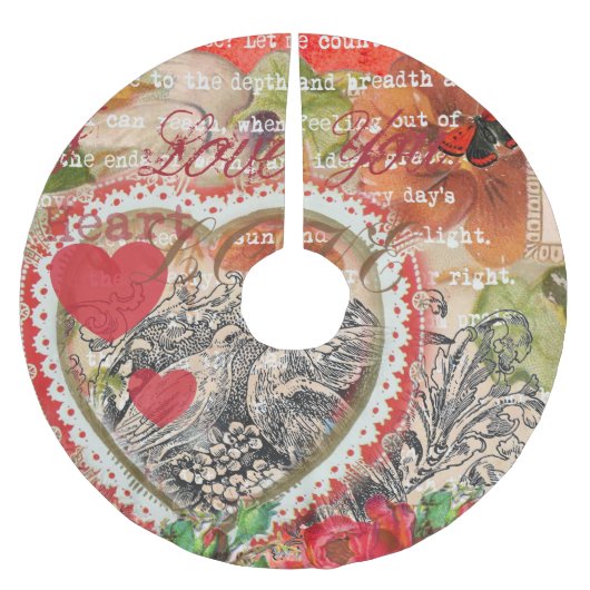 Love Birds Heart Red Art Collage Polyester Weihnachtsbaumdecke (Vorderseite)