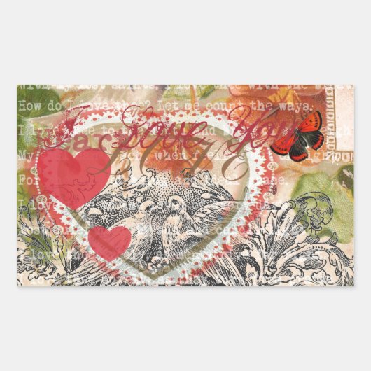 Love Birds Heart Red Art Collage Rechteckiger Aufkleber (Vorderseite)