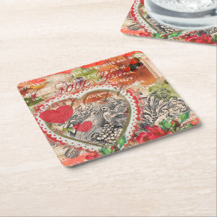 Love Birds Heart Red Art Collage Rechteckiger Pappuntersetzer