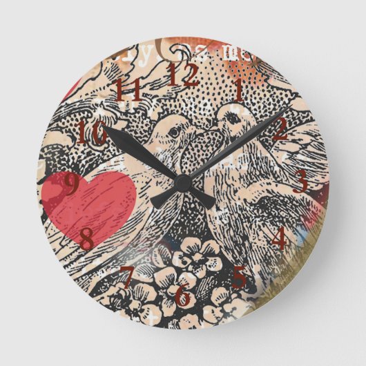 Love Birds Heart Red Art Collage Runde Wanduhr (Vorderseite)