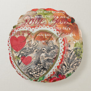 Love Birds Heart Red Art Collage Rundes Kissen