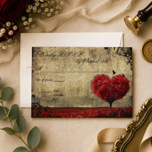 Love Birds Heart Tree Wedding RSVP in Red Karte