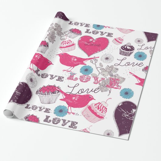 Love Birds herzen & Cupcakes Valentines Muster Geschenkpapier (Ungerollt)