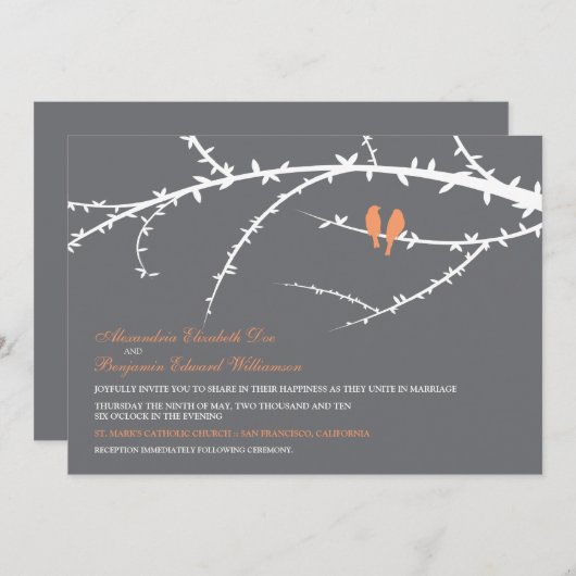 Love Birds Hochzeitseinladung (Korallen) Einladung (Vorne/Hinten)