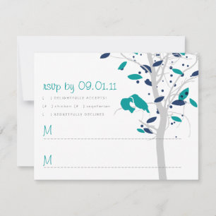 Love Birds in Tree - Aquamarin und Marine RSVP Karte