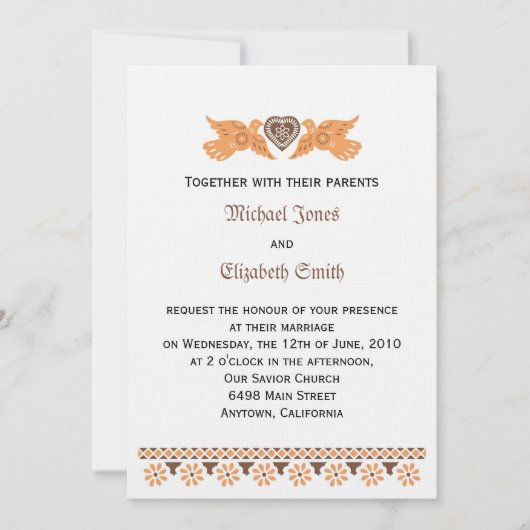 Love Birds Invitation - Persimmon/Braun auf Leinen Einladung (Vorderseite)