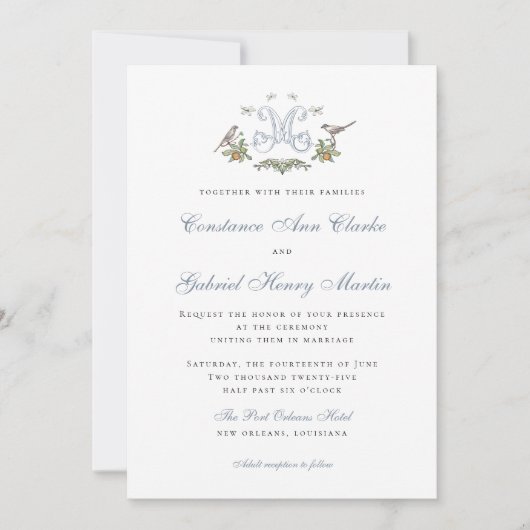 Love Birds "M" Monogram Weditation Einladung (Vorderseite)