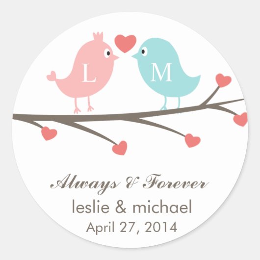 Love Birds Monogram Gastgeschenk Hochzeit Stickers (Vorderseite)
