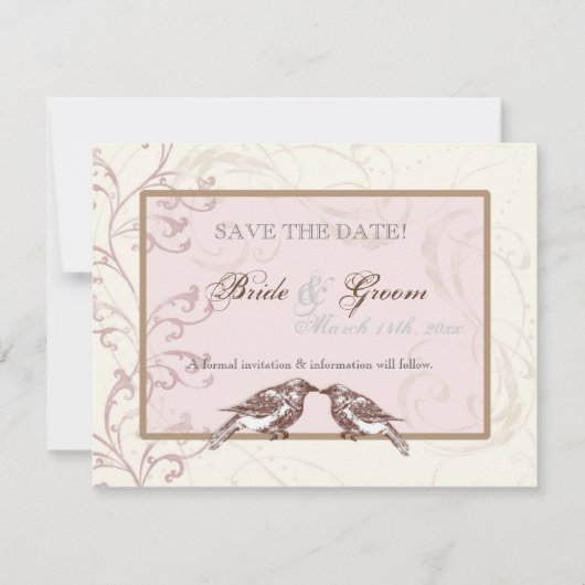 Love Birds 'n Lace - Rose Save the Date Karte (Vorderseite)