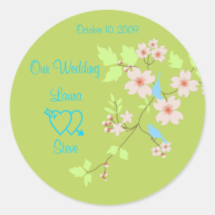 Love Birds on Dogwood Branch Hochzeitsticker Runder Aufkleber