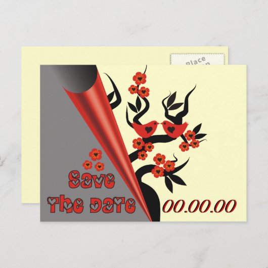 Love Birds on Sakura Tree Save the Date Postkarten (Vorne/Hinten)