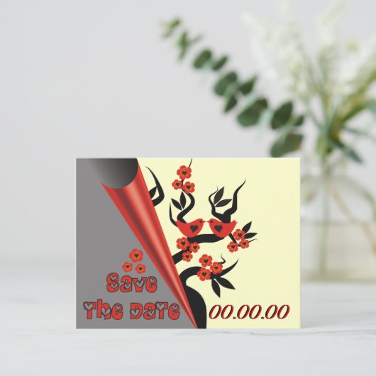 Love Birds on Sakura Tree Save the Date Postkarten (Stehend Vorderseite)