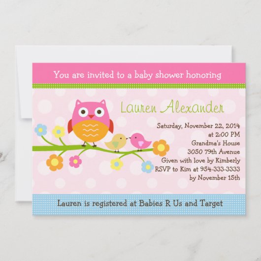 Love Birds & Owl auf Branch Baby Dusche Einladung (Vorderseite)