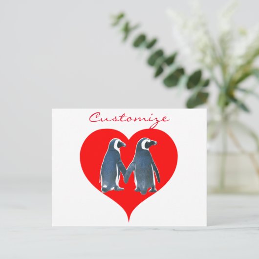 Love Birds Penguin Couple Red Hearts Thunder_Cove Postkarte (Stehend Vorderseite)