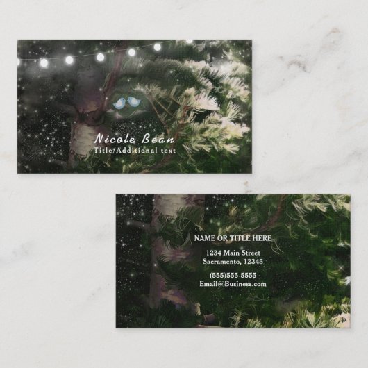 Love Birds + Pine Tree Night Rustic String Lights Visitenkarte (Vorne/Hinten)