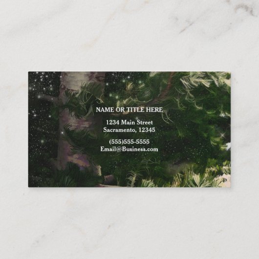 Love Birds + Pine Tree Night Rustic String Lights Visitenkarte (Rückseite)