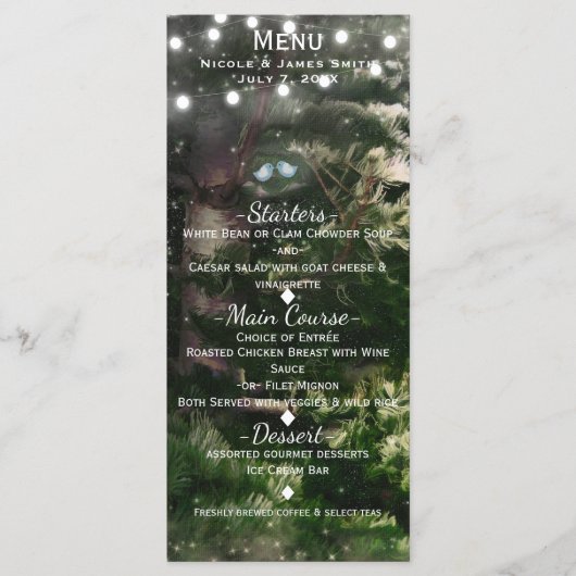 Love Birds + Pine Tree Night Wedding Menu Card Menükarte (Vorderseite)
