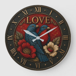 Love Birds Romantic Vintage Floral Große Wanduhr