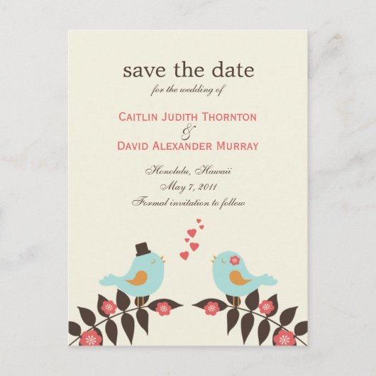 Love Birds Save the Date Card Ankündigungspostkarte (Vorderseite)
