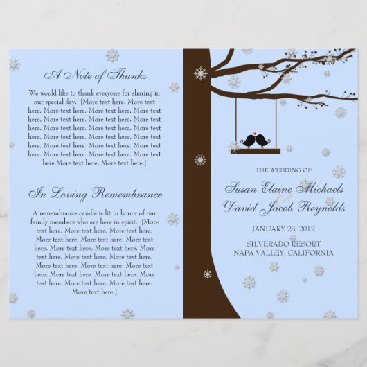 Love Birds Snowflakes Oak Tree Hochzeitsprogramm (Vorderseite)