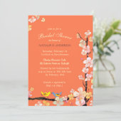Love Birds Spring Floral Orange Brautparty Einladung (Stehend Vorderseite)