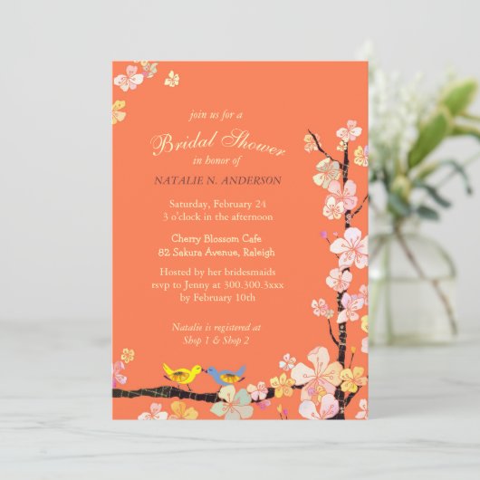 Love Birds Spring Floral Orange Brautparty Einladung (Stehend Vorderseite)