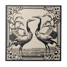 Love Birds two Cranes Black Art Deco Fliese
