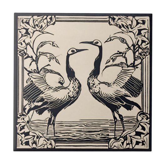 Love Birds two Cranes Black Art Deco Fliese (Vorderseite)