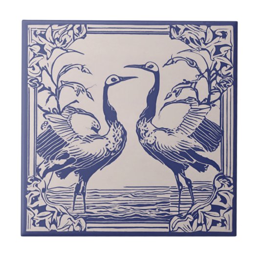 Love Birds two Cranes Blue Art Deco Fliese (Vorderseite)