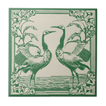 Love Birds two Cranes Green Art Deco Art Nouveau