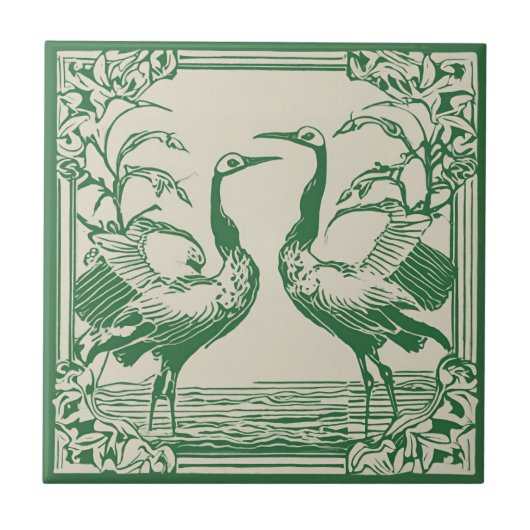 Love Birds two Cranes Green Art Deco Art Nouveau Fliese (Vorderseite)