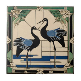 Love Birds two Cranes Green Art Deco Art Nouveau Fliese