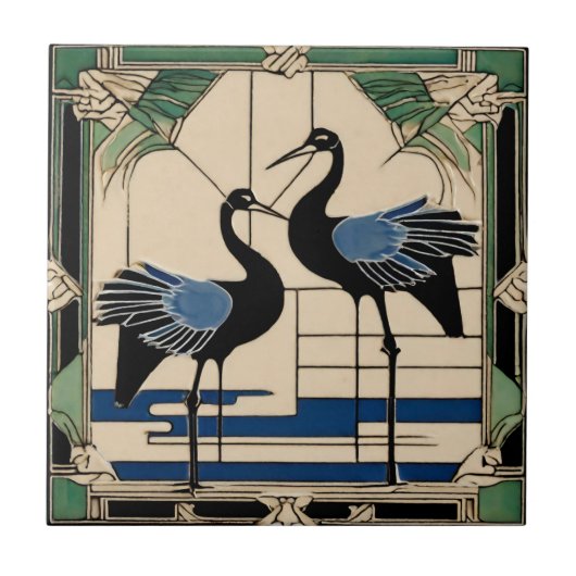 Love Birds two Cranes Green Art Deco Art Nouveau Fliese (Vorderseite)