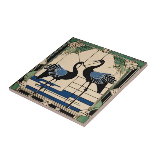 Love Birds two Cranes Green Art Deco Art Nouveau Fliese (Seite)
